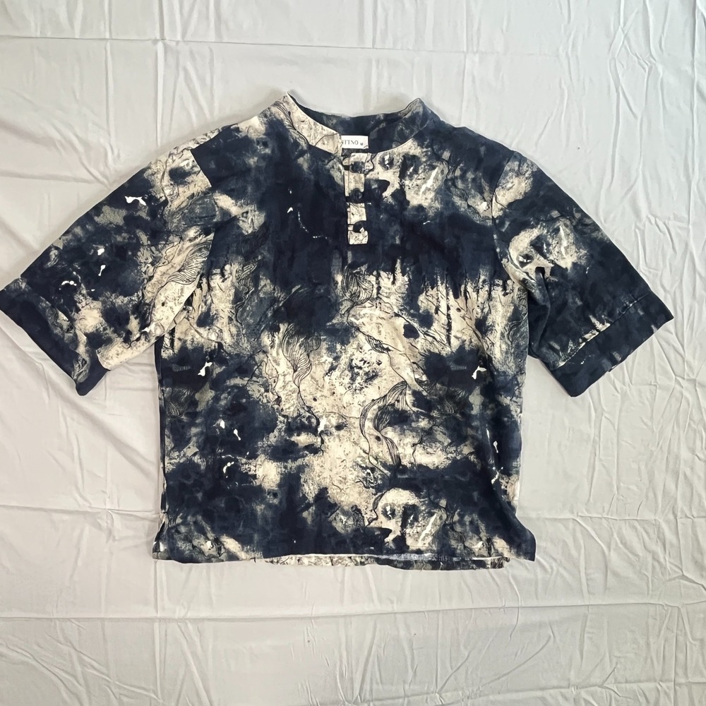 Ontto Blouse Top Womens Medium Beige Blue Tie Dye  Henley‎ Neck Casual Linen EUC